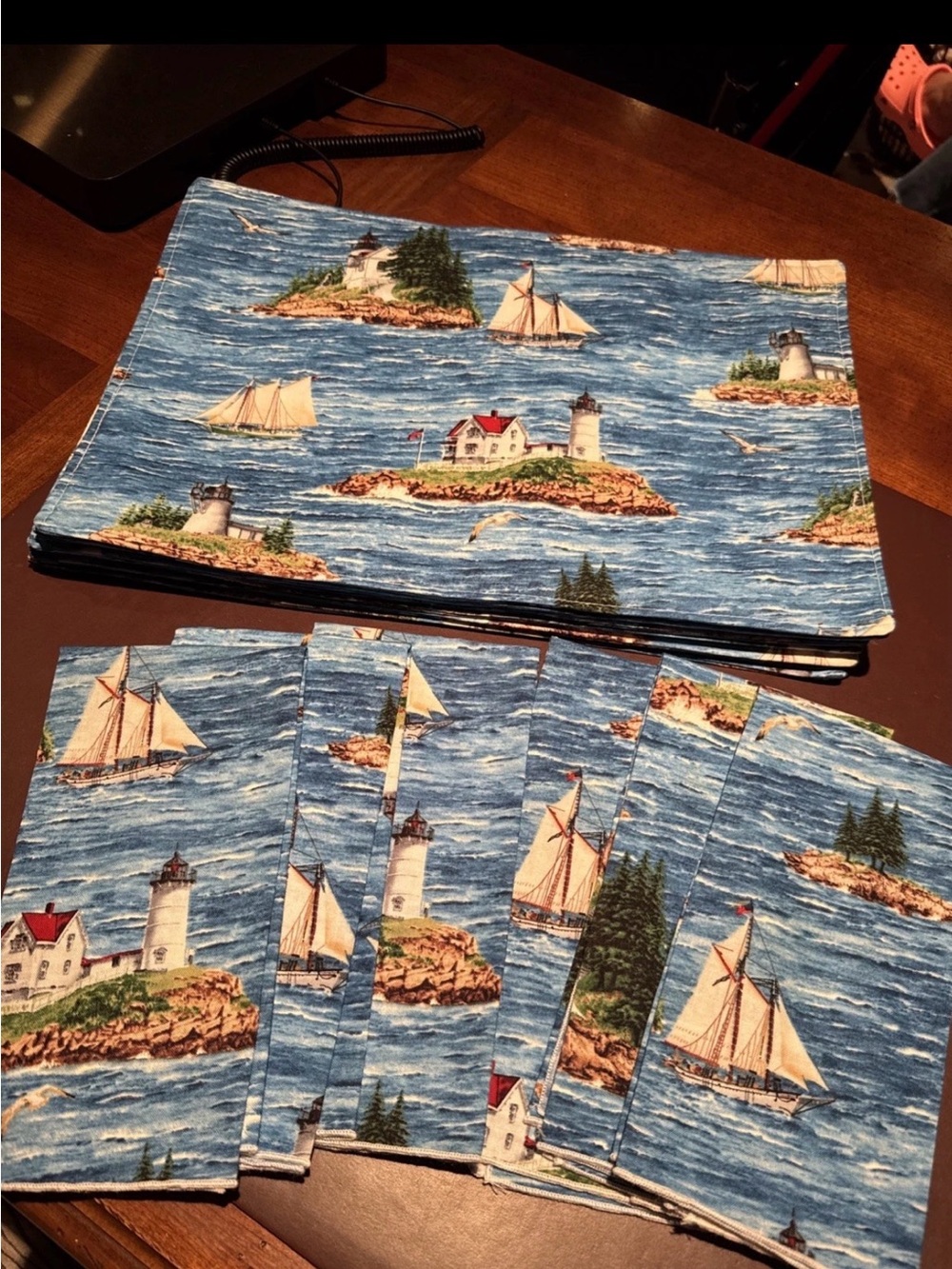 Nautical Lighthouse Cotton Placemats and Napkins - Blue Handmade Vintage EUC